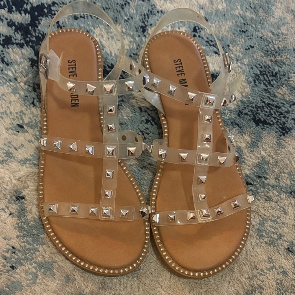 Steve Madden Girl’s Sandals with Silver Studs - Clear and Tan